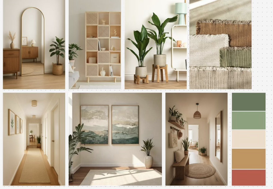 Moodboard com vegetação e paleta verde e bege